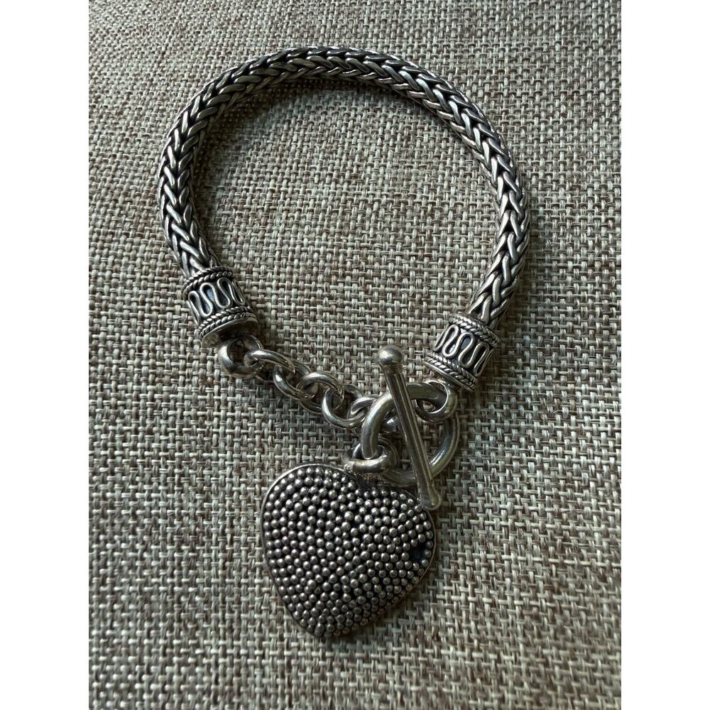 Stuarti Sterling Silver .925 Byzantine Heart Toggle Bracelet 7” Artisan Boho